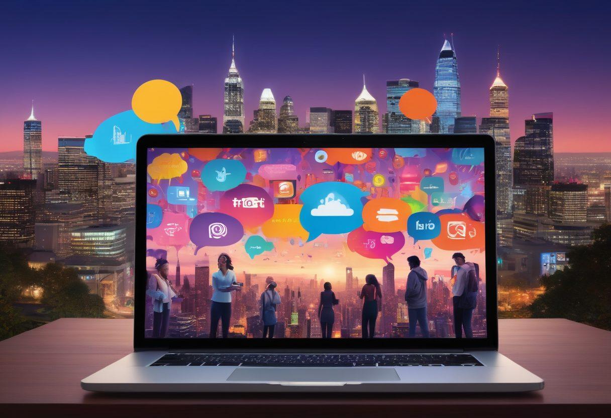 A vibrant collage showcasing diverse characters engaged in storytelling through digital media. Include elements like a laptop with animated graphics, a smartphone displaying social media posts, and colorful speech bubbles. Incorporate a backdrop of a city skyline at dusk to symbolize growth and creativity. Use a mix of bright colors to evoke inspiration and innovation. digital art. vibrant colors. 3D elements.