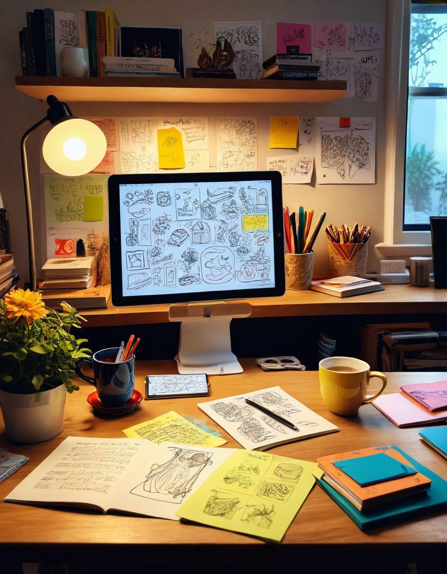 A visually striking workspace embodying creativity, featuring a digital tablet displaying vibrant sketches, surrounded by colorful sticky notes, inspirational books, and a cozy coffee cup. Soft, diffused lighting creates a warm atmosphere, with whimsical illustrations of characters and stories in the background. super-realistic. vibrant colors. bright and inviting.