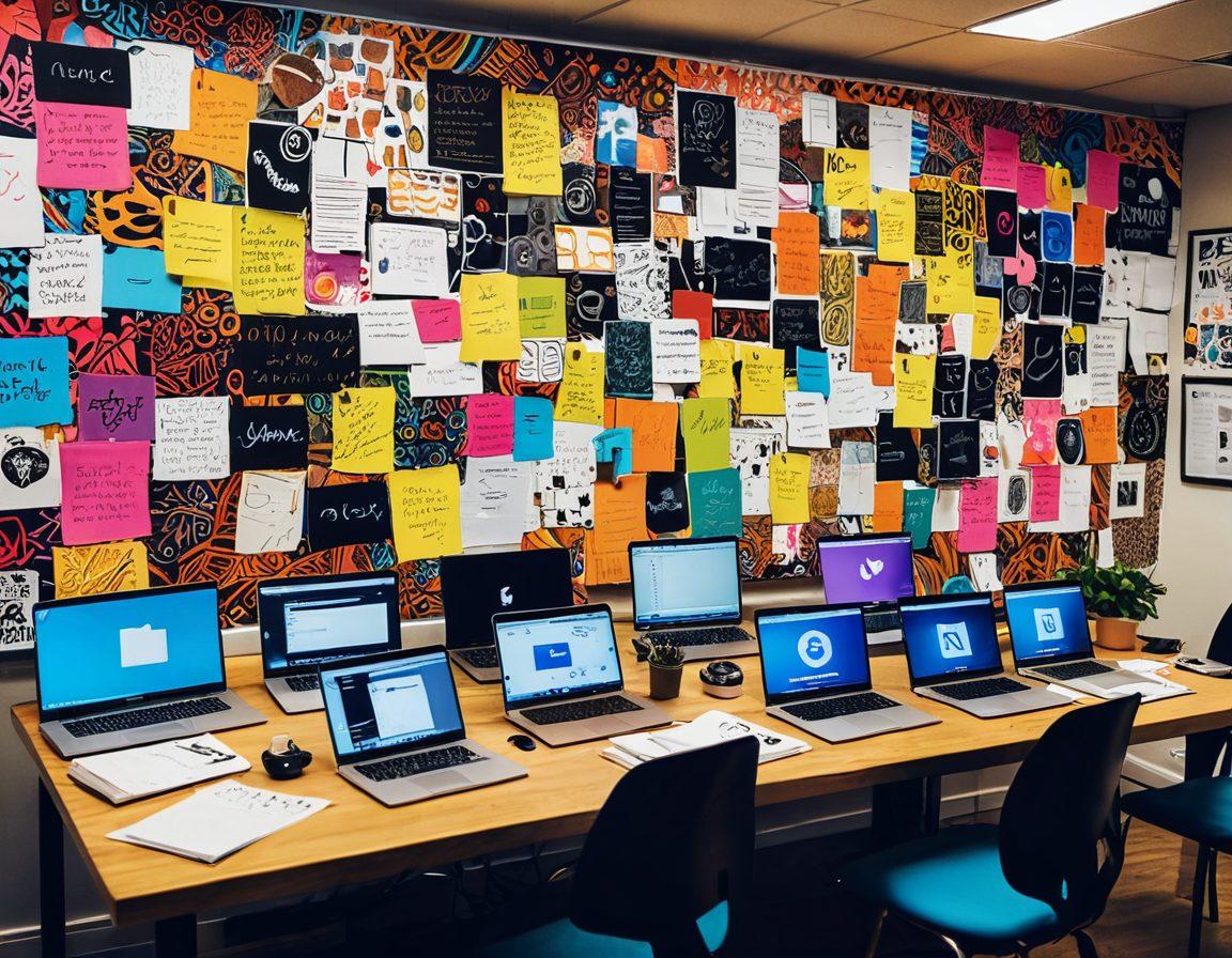 A creative workspace featuring a diverse group of content creators engaged in brainstorming. Laptops open with vibrant graphics and notes scattered around. Colorful sticky notes pinned on a mood board, reflecting ideas about digital content. An abstract backdrop illustrating the evolution of content creation, including social media icons and visual trends. Creative style with bright, inviting colors. super-realistic. vibrant colors.